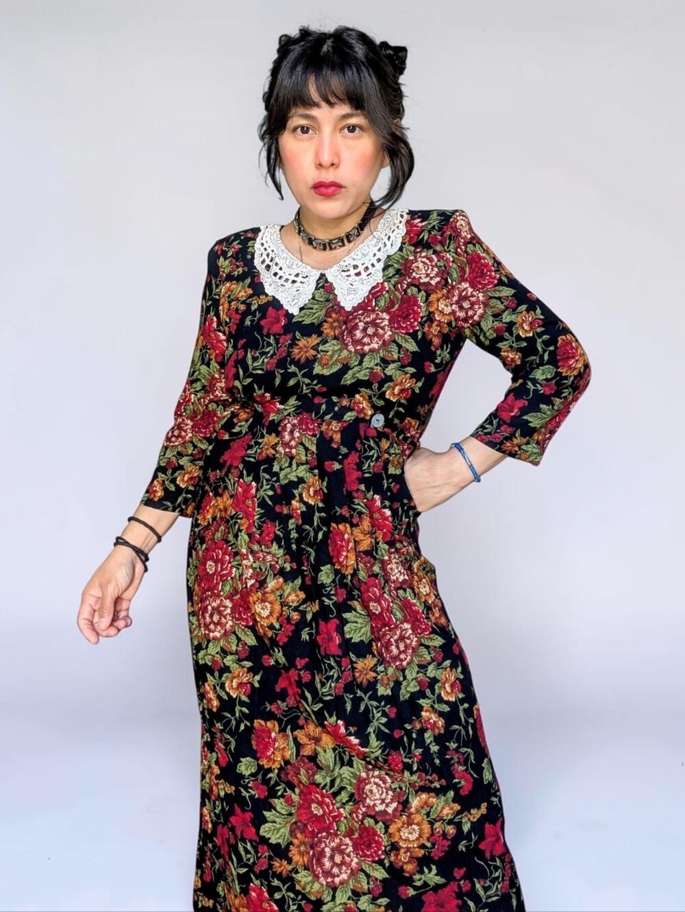 Vintage 80's crocheted peter pan bib fairy cottage  grunge floral midi dress S - Picture 2 of 9
